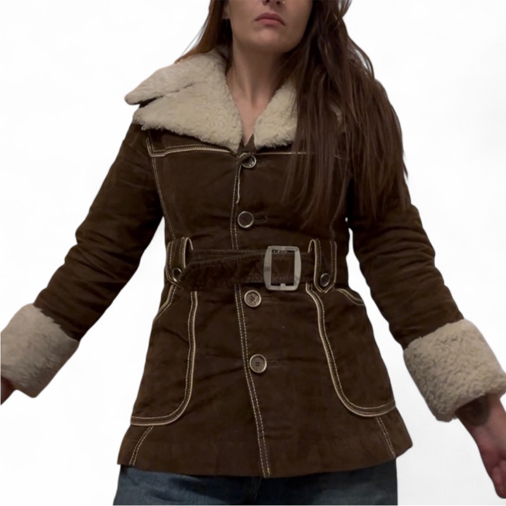 Vintage 1970s Mod Maid Brown Suede Coat with Shearling Cuffs and Collar 🤎